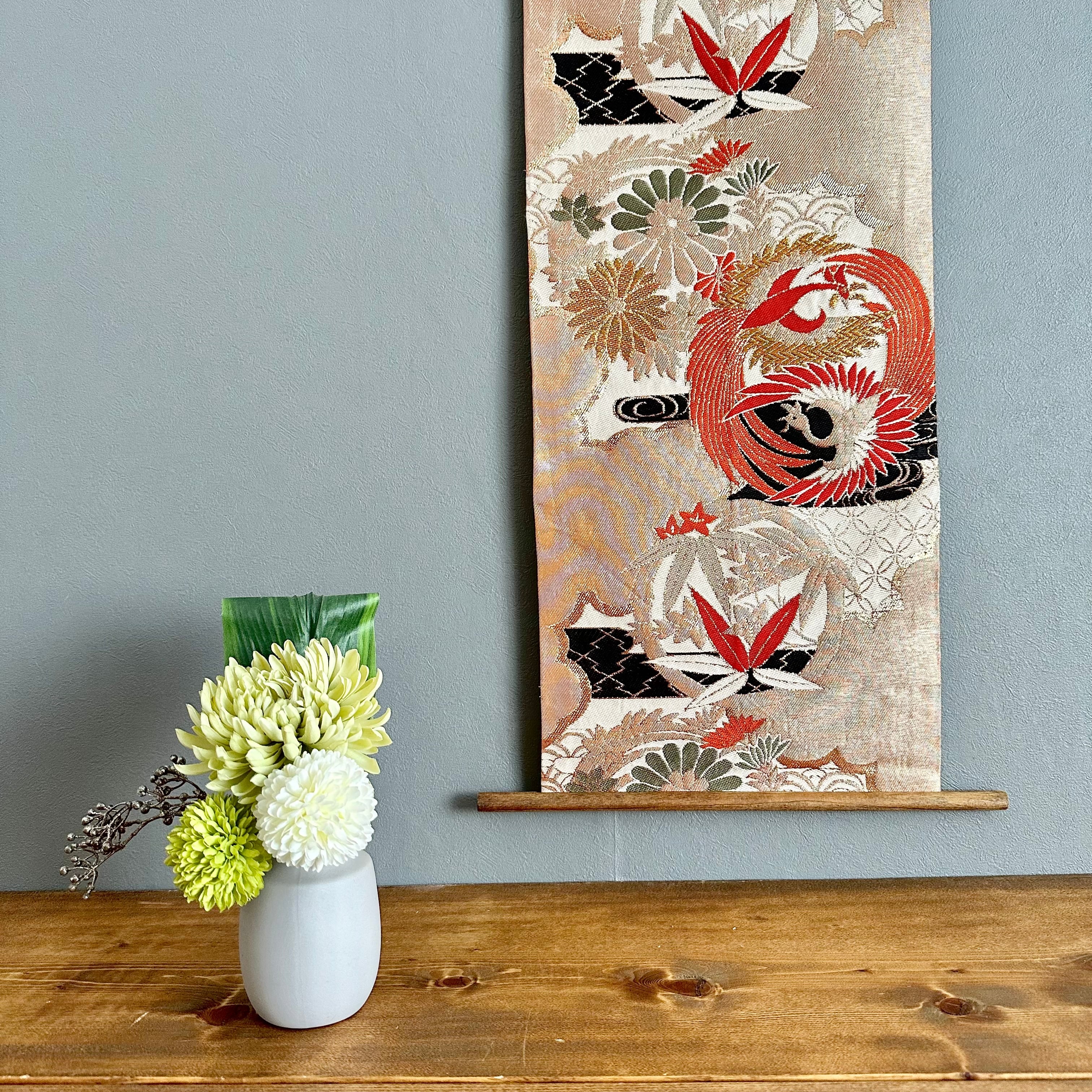 Kimono tapestry 帯のタペストリー ピンクゴールドに花輪と鳳凰 着物