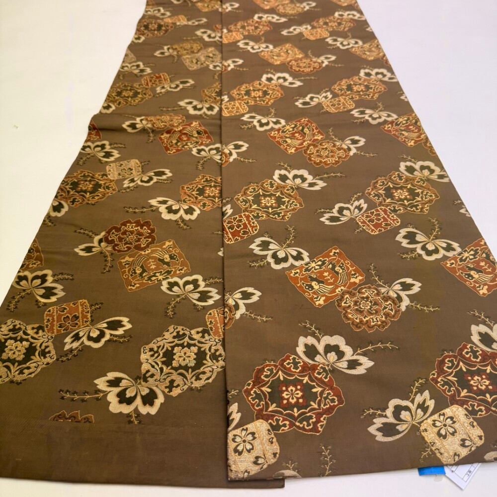 中古 丸帯 正絹 草花 全通柄 ブラウン Bランク 422cm 6268