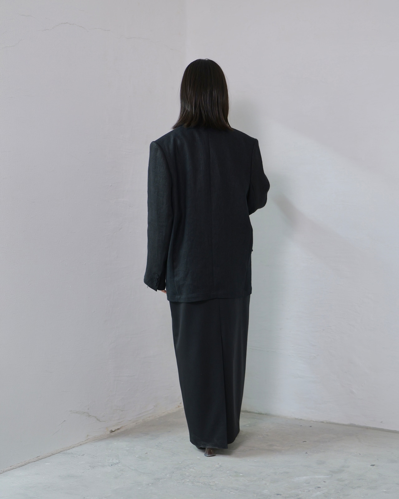 i’m here - GRANDPA Linen Jacket :Black|ダブルブレスト/立体3面ドッキング/“だまし絵”の前立て