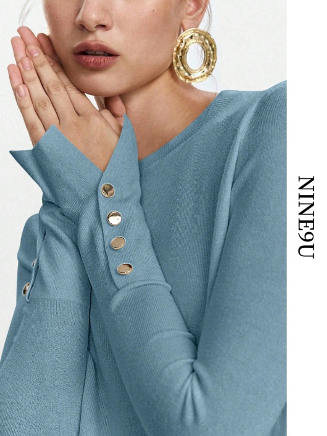 crew-neck long-cuff button knit 19color【NINE-S0018】