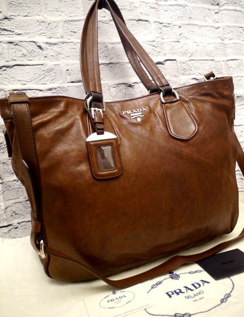 ◆PRADA プラダ WASHED COCCO A4対応ビジネス可 ZIPPER BAULETTO 2way レザー トート バッグ 茶◆ 書類も入れやすい2way仕様の万能トート♪
