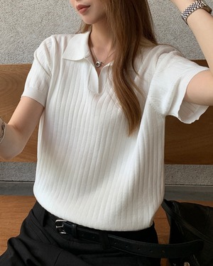 キーネックリブニットポロシャツ 3color A1078