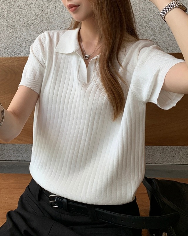 キーネックリブニットポロシャツ 3color A1078