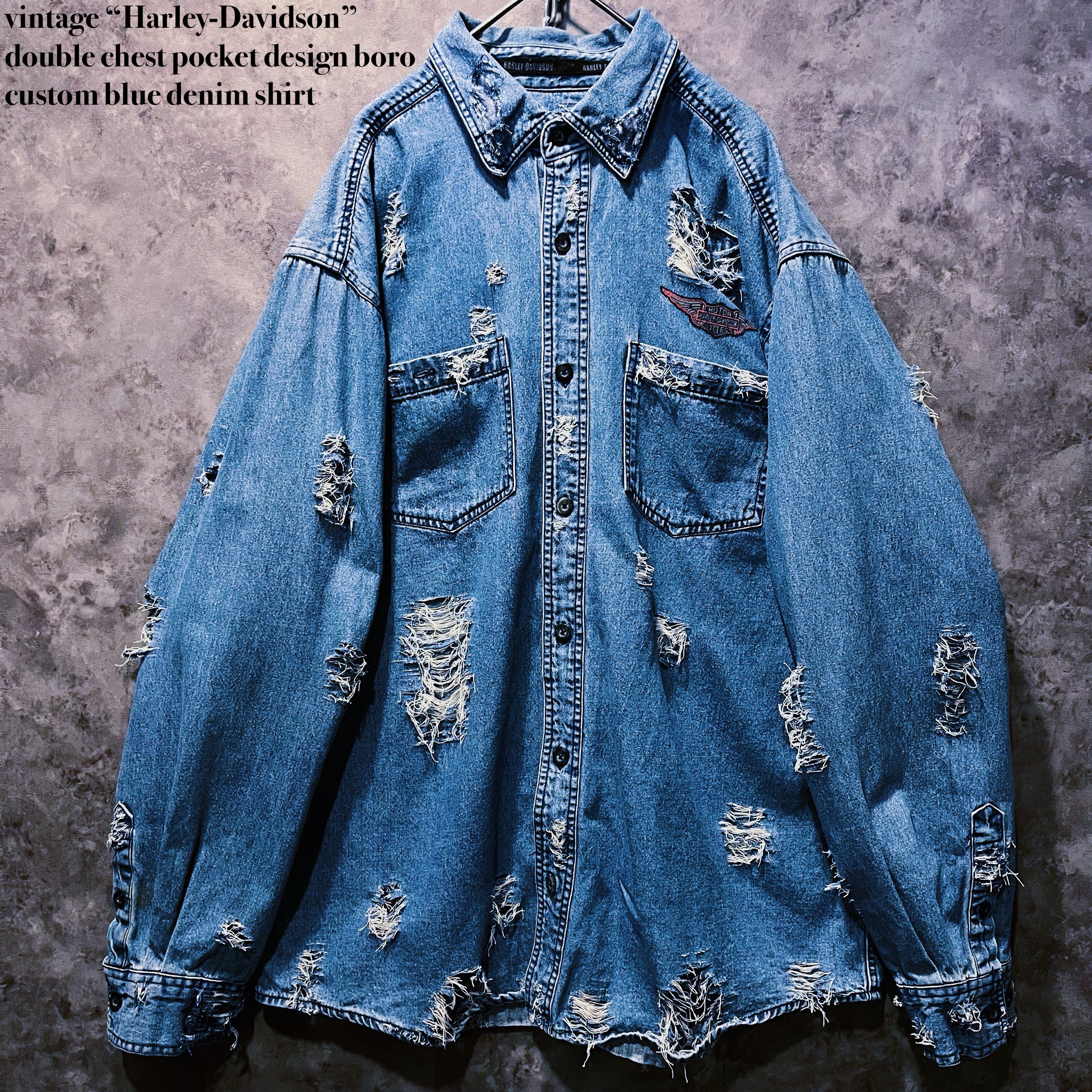 【doppio】vintage “Harley-Davidson” double chest pocket design boro custom blue denim shirt