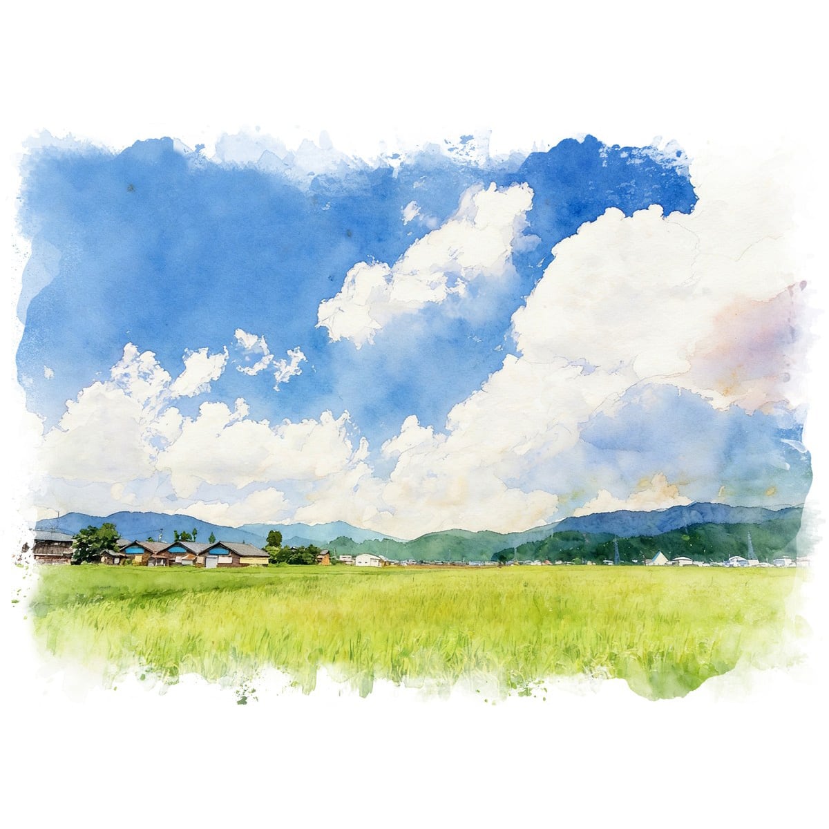 絵画 日本の田園風景と青空 インテリアアート額付き 水彩画・油絵風