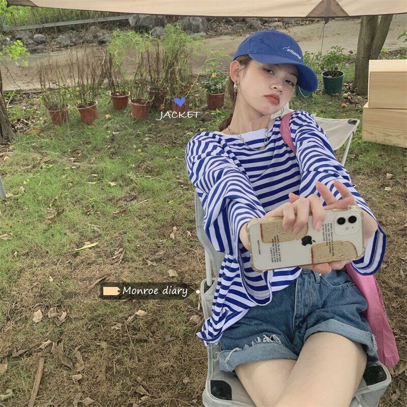 ブルーストライプルーズ薄手シャツ Tシャツ サマースタイルトップス ロング 夏物 モンロー10128125768