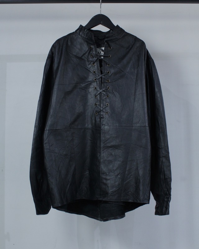 【Caka BLACK】Lace Up Gimmick Vintage Loose Pullover Leather Shirt