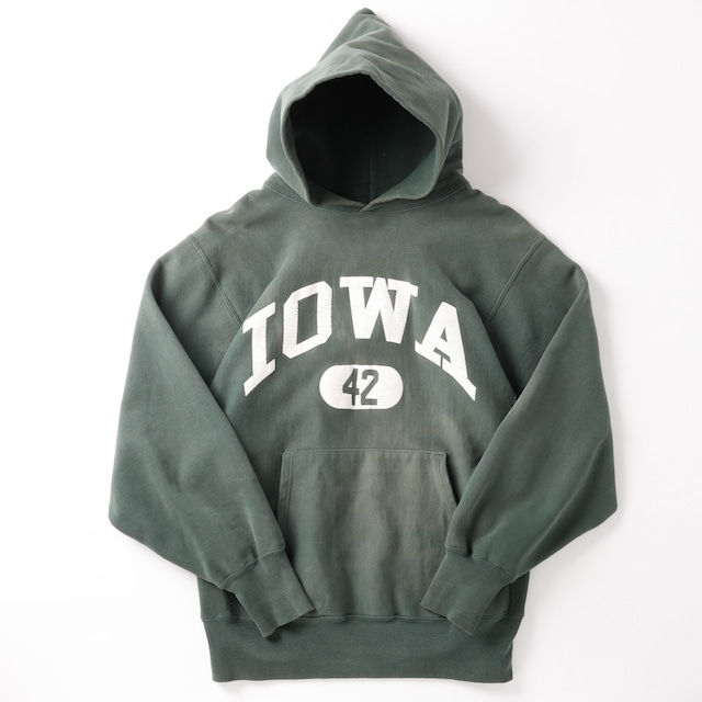【逸品】90s champion Reverse Weave hoodie fade Green Vintage sweat made in USA "IOWA" ／ヴィンテージ チャンピオン リバースウィーブ 地厚 スウェット USA製 フェード グリーン アイオワ大学 ビッグサイズ XL