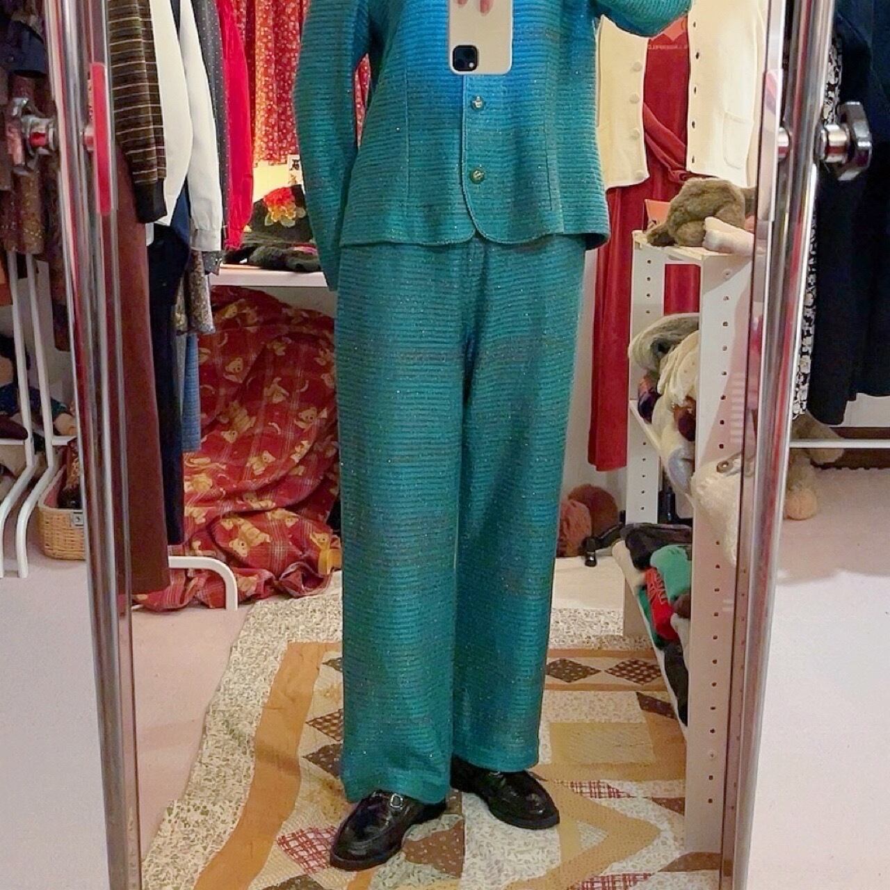 green lame knit set up