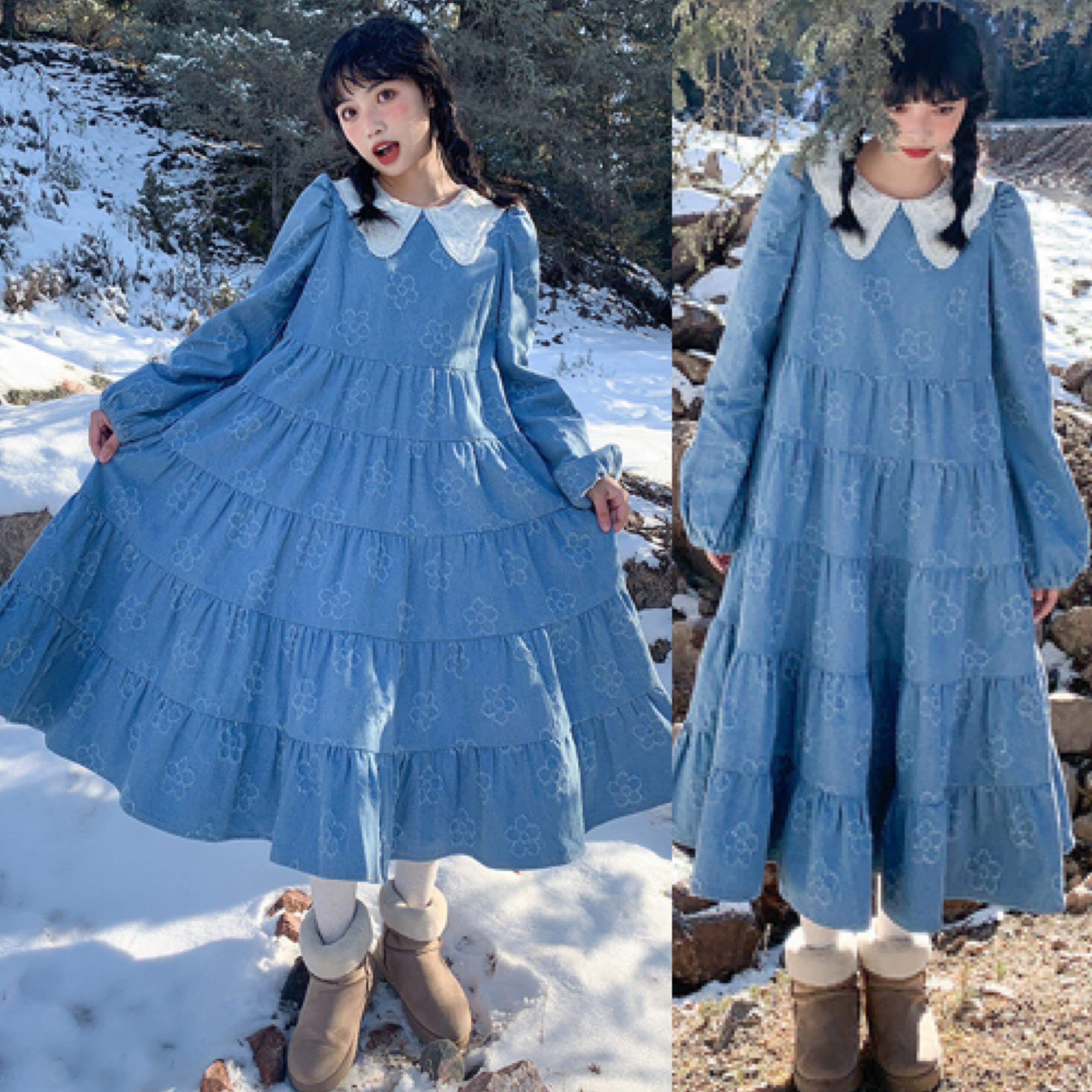 水色 ワンピース 花柄 ゆったり ラクチン | LOVEYsmileSHOP