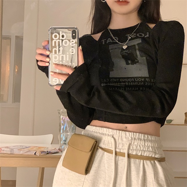 ショートTシャツ シャツ プリントルーズ薄手トップス オータム ロング 秋物 オフショルダー モンロー52279331043