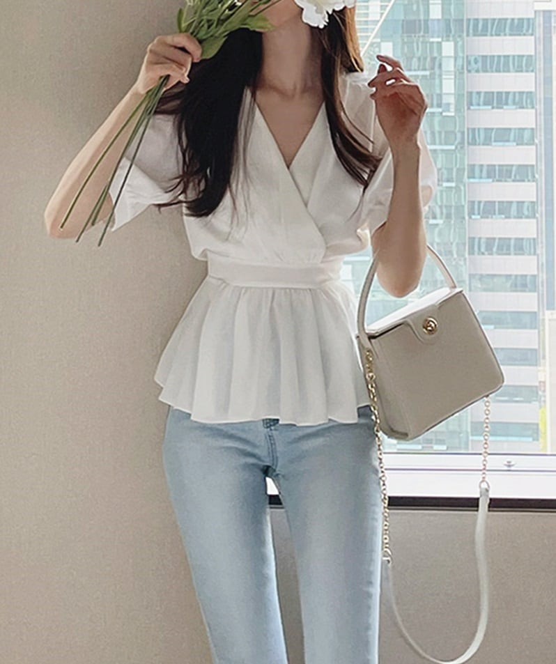 レディースブラウス 半袖 パフスリーブ 襟付き l フレア 無地 Aライン プルオーバー トップス 春 夏 大人可愛い 大人女子 おしゃれ お洒落 カ レディースブラウス 半袖 パフスリーブ 襟付き l フレア 無地 Aライン