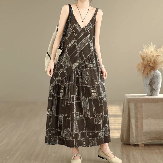 PRINT V-NECK A-LINE LONG STRAP DRESS 6colors M-16741