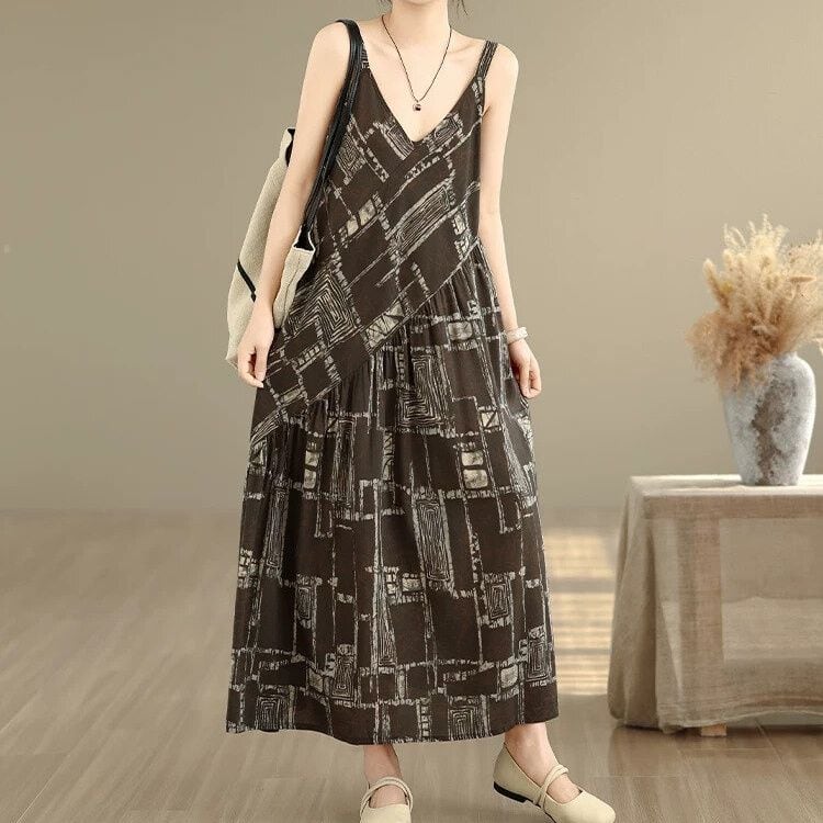 PRINT V-NECK A-LINE LONG STRAP DRESS 6colors M-16741