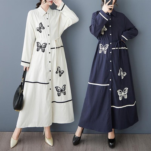 大きいサイズ シャツワンピース 長袖 蝶柄 ゆったり 春秋冬　ロング　大人