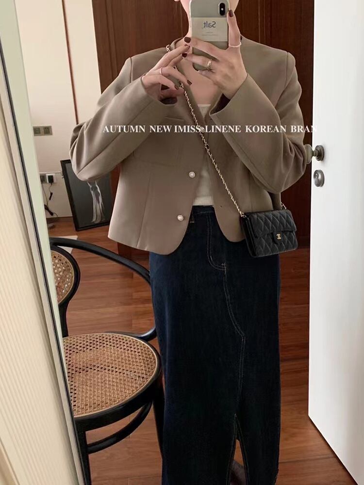 Vネックジャケット スプリングオータムショートソリッド カラールーズ薄手 ロング 春物 秋物 ソリッドカラー ビッグFスモールZ韓国9843663783