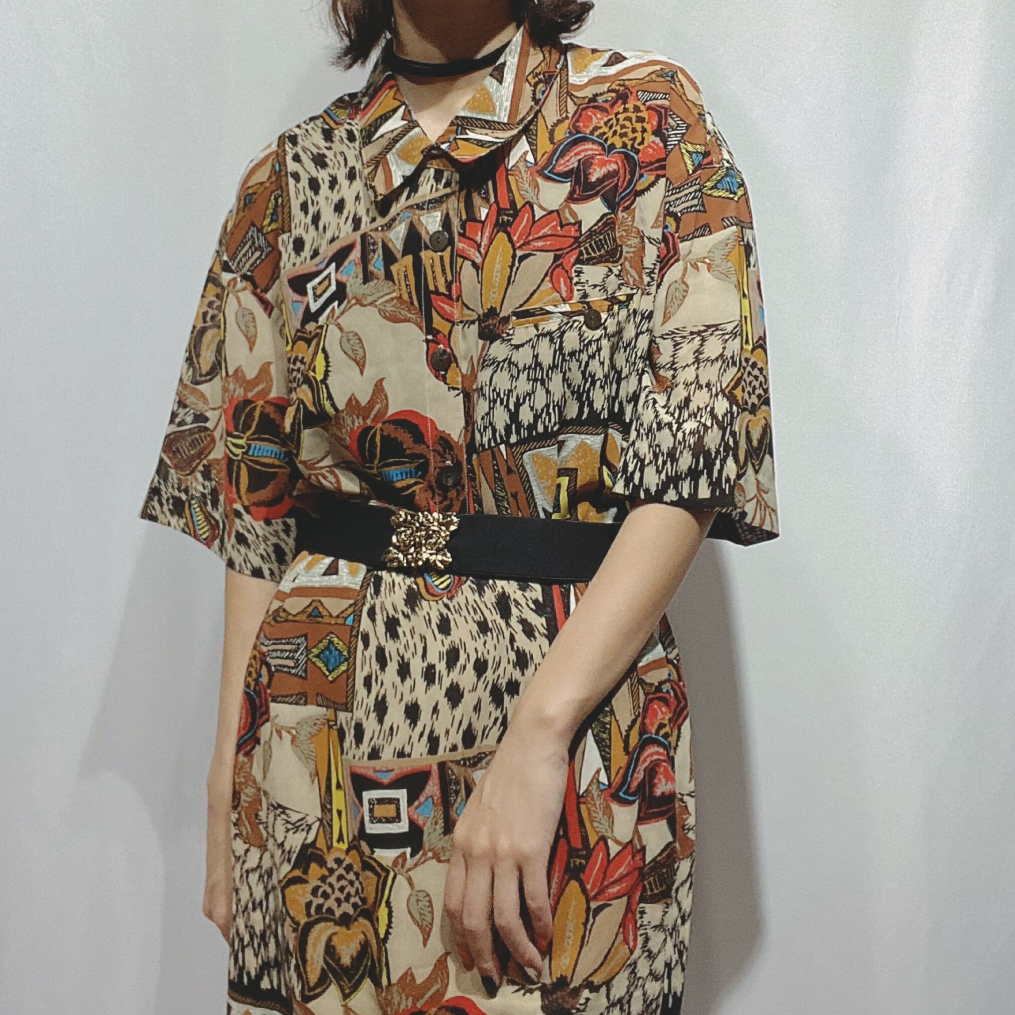 ヴィンテージシャツ　アンティーク　レトロ　シアー素材　総柄　日本製　ビンテージ