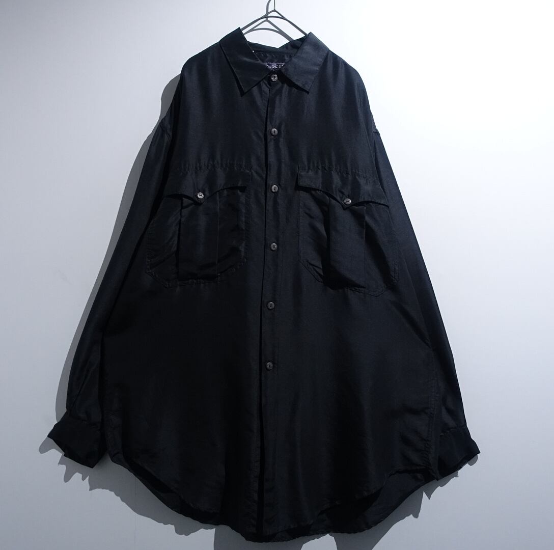 90s Black Double Pocket Design Silk Shirt