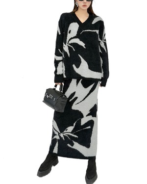 【set up】Jacquard Knit Pullover & Long Skirt 504286