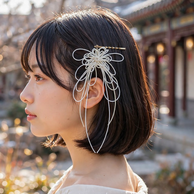 飾り結びヘアピン「祷り、ひそや」（アイボリー×白）【軽量快適】ショートヘアも簡単和風アレンジ。