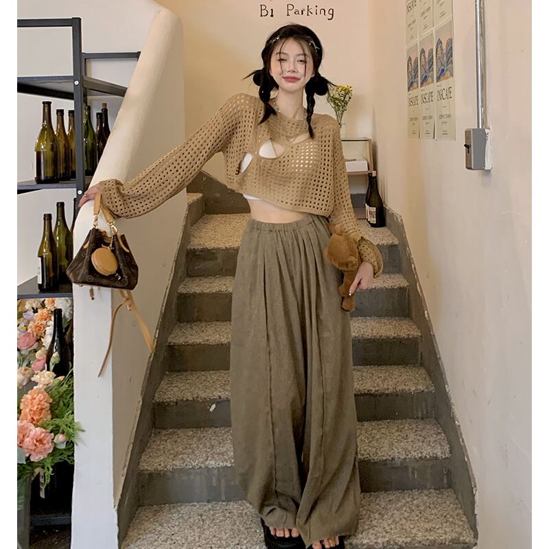 ルーズパンツ シンプル 爽やか クール ツーピース トップス 韓国 穴あきトップス ニット カットアウト ダメージ シンプル