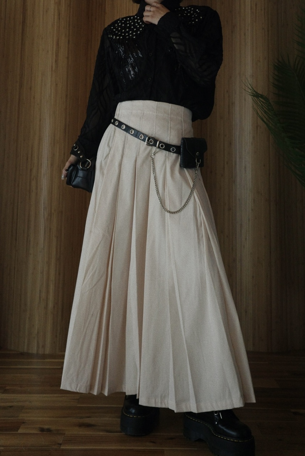 3colorシャークスキン ダブルタック プリーツスカート