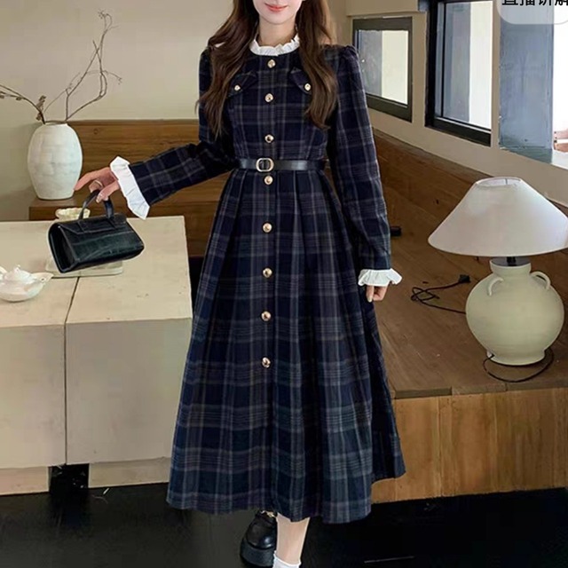 【L-4XL】フリル付き ギンガムチェックワンピース