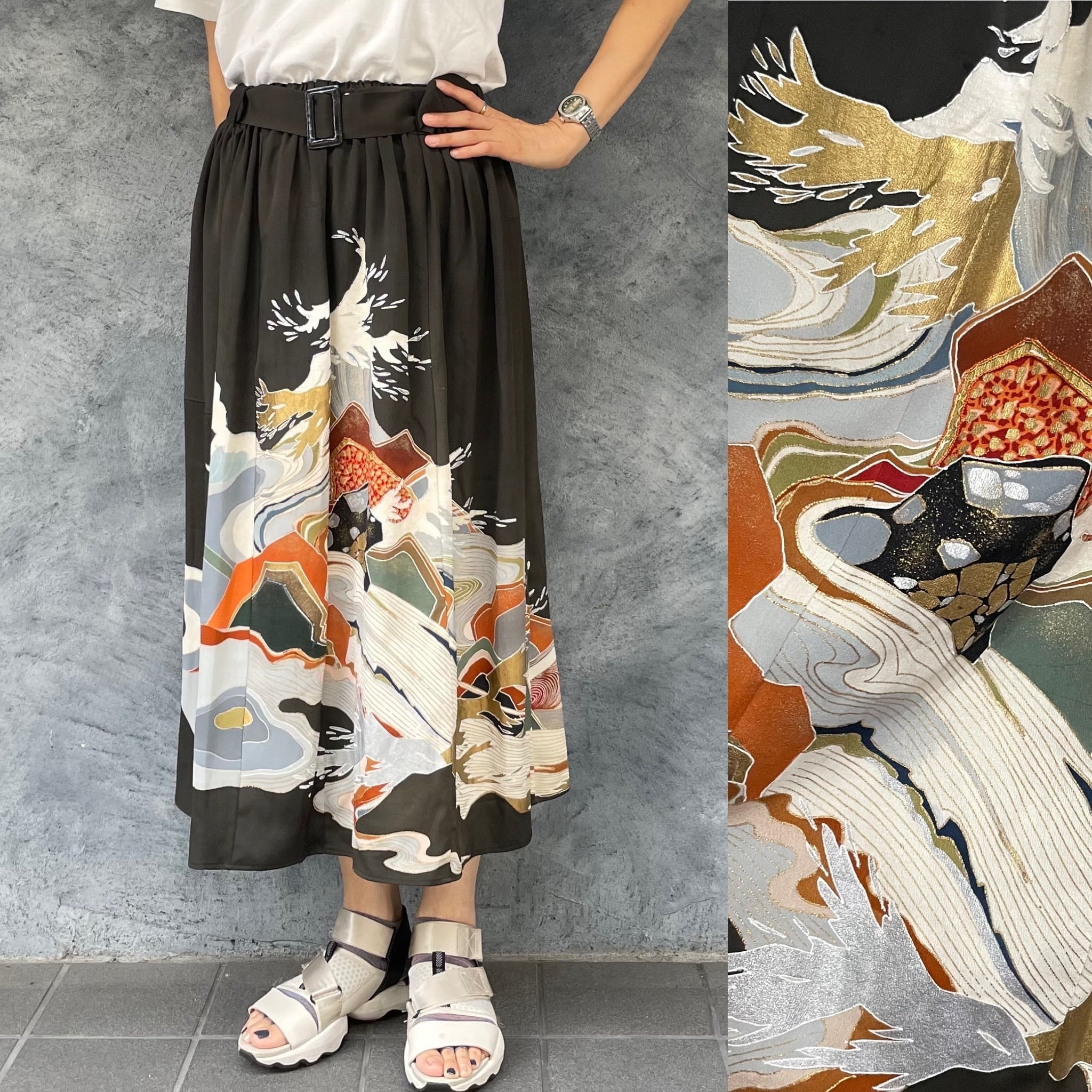 ナタシャ。着物 リメイク ロングスカート 着物リメイクギャザーロングスカート - kimono elastic waist