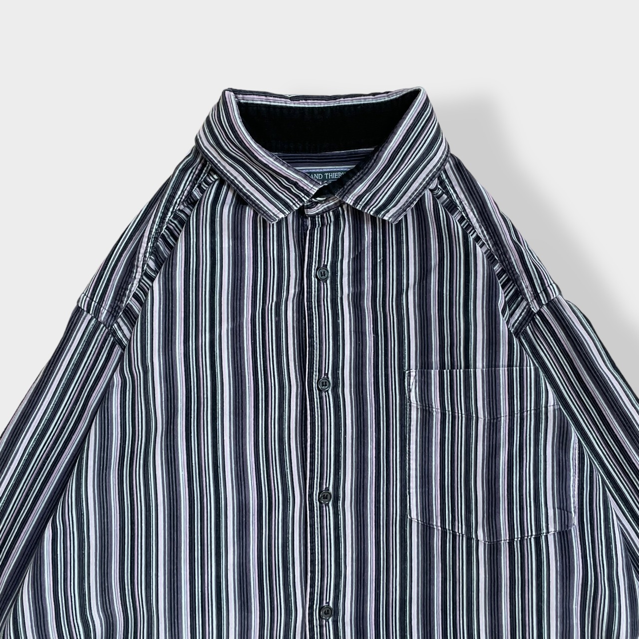 【ARMAND THIERY】ストライプシャツ 長袖シャツ スウェード調 カジュアルシャツ パープル ピンク マルチカラー XL ビッグシルエット US古着