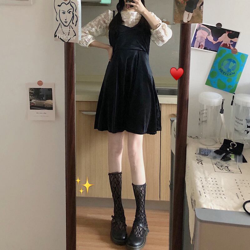 スタンダードベルベットドレス レディーススプリングブラックウェストスリムスカート レトロ 春物 萌量不足69729325614