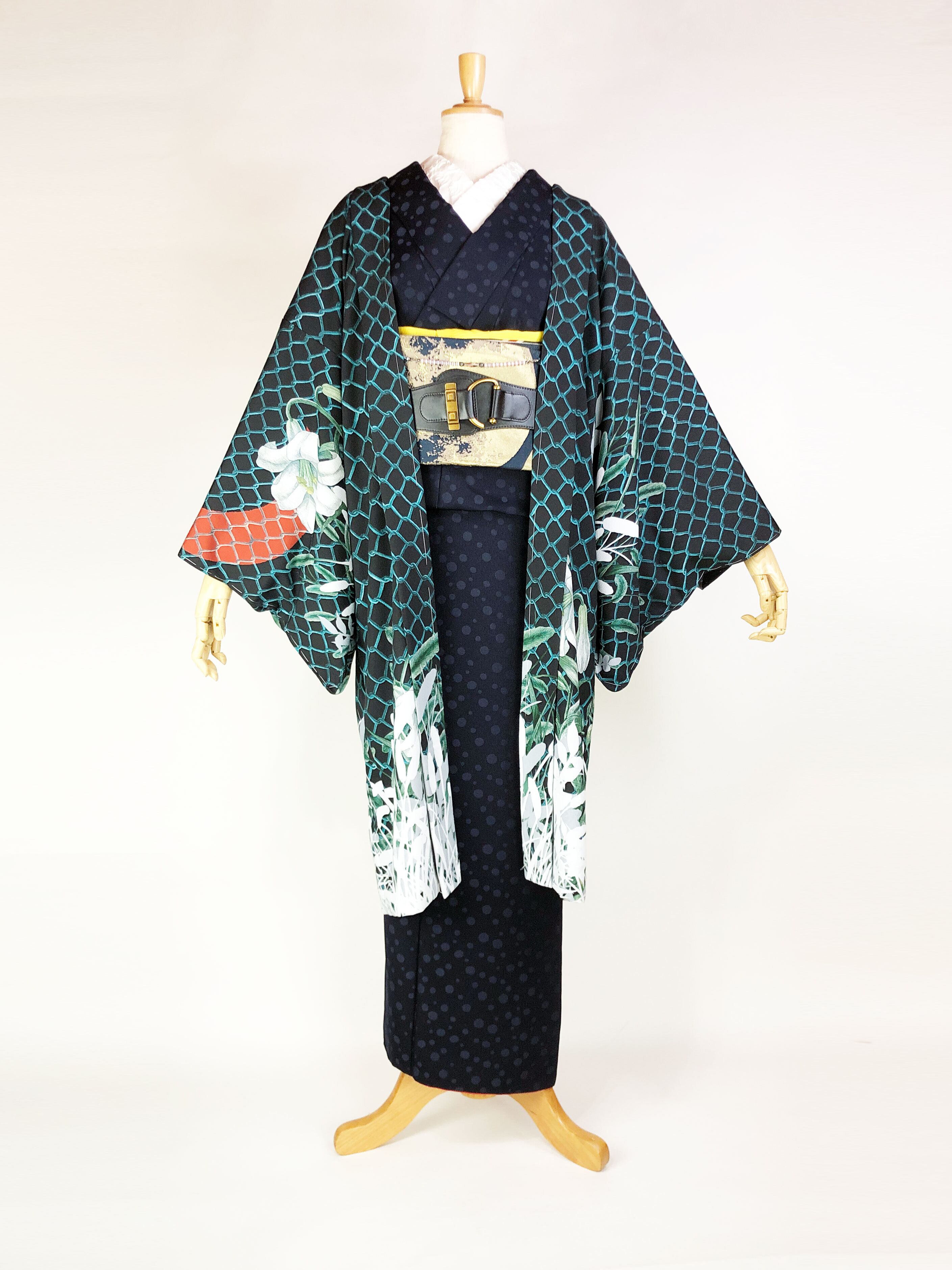 M寸即納品あり】ポリエステル単衣絵羽織 「境界線」ブラック | 重宗