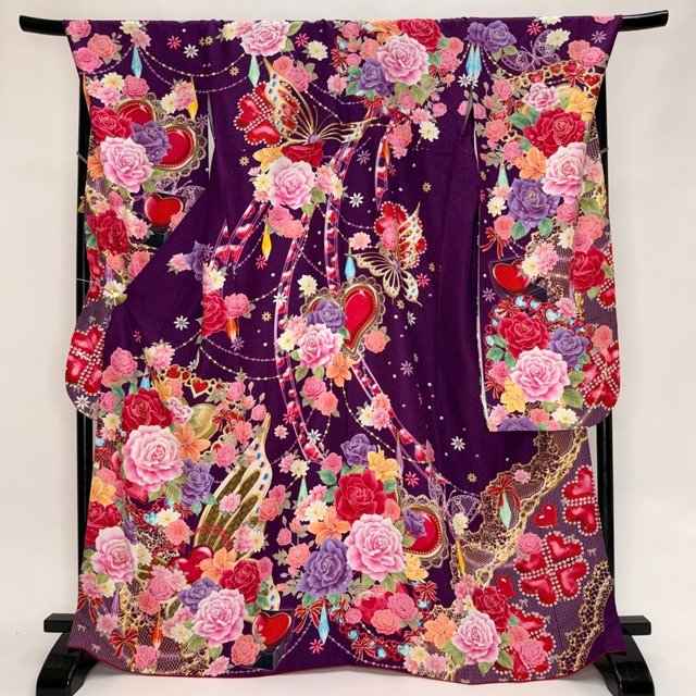 振袖 中古 紫 正絹 古典 裄73cm 身丈169.5cm 美品 2L サイズ 成人式 6191