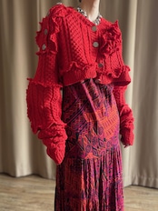 red color frill remake knit cardigan-5151-2