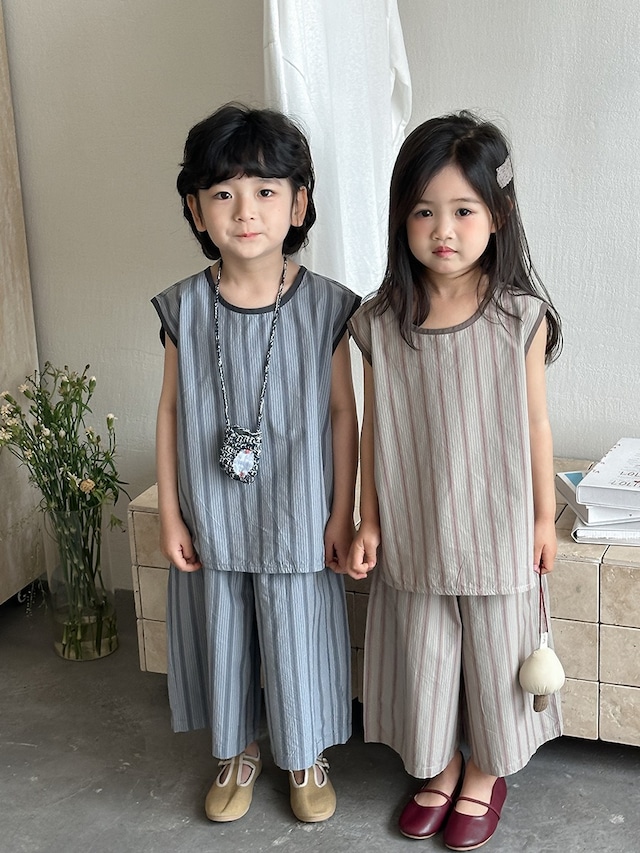 ストライプセットアップ（2色展開）JIAY｜上下セット フレンチスリーブ 半端丈パンツ｜小学生 幼稚園 保育園｜普段着｜韓国子供服｜男の子 女の子｜80-140cm｜2026夏服 ［取寄］