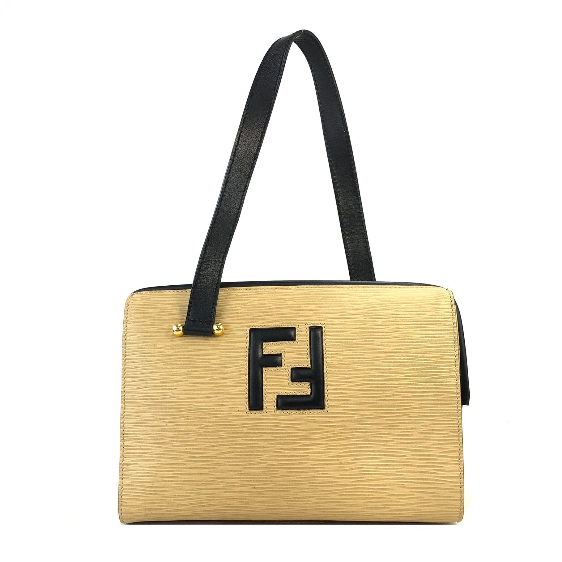 FENDI フェンディ FFロゴ エピ レザー ハンドバッグ ベージュ vintage