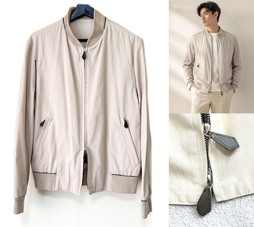 HERMES　エルメス　スウィングトップ　Wジップ ジャケット　48　レザートリム　メンズ　ヴィンテージ　希少　レア　ダブルジップ　ベージュ