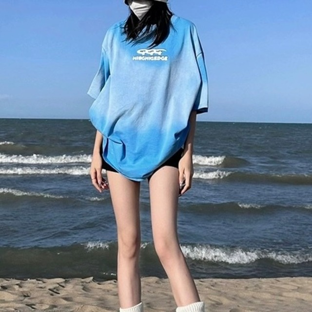 TS-0180 グラデーション ブルー オーバー 半袖 Tシャツ トップス 