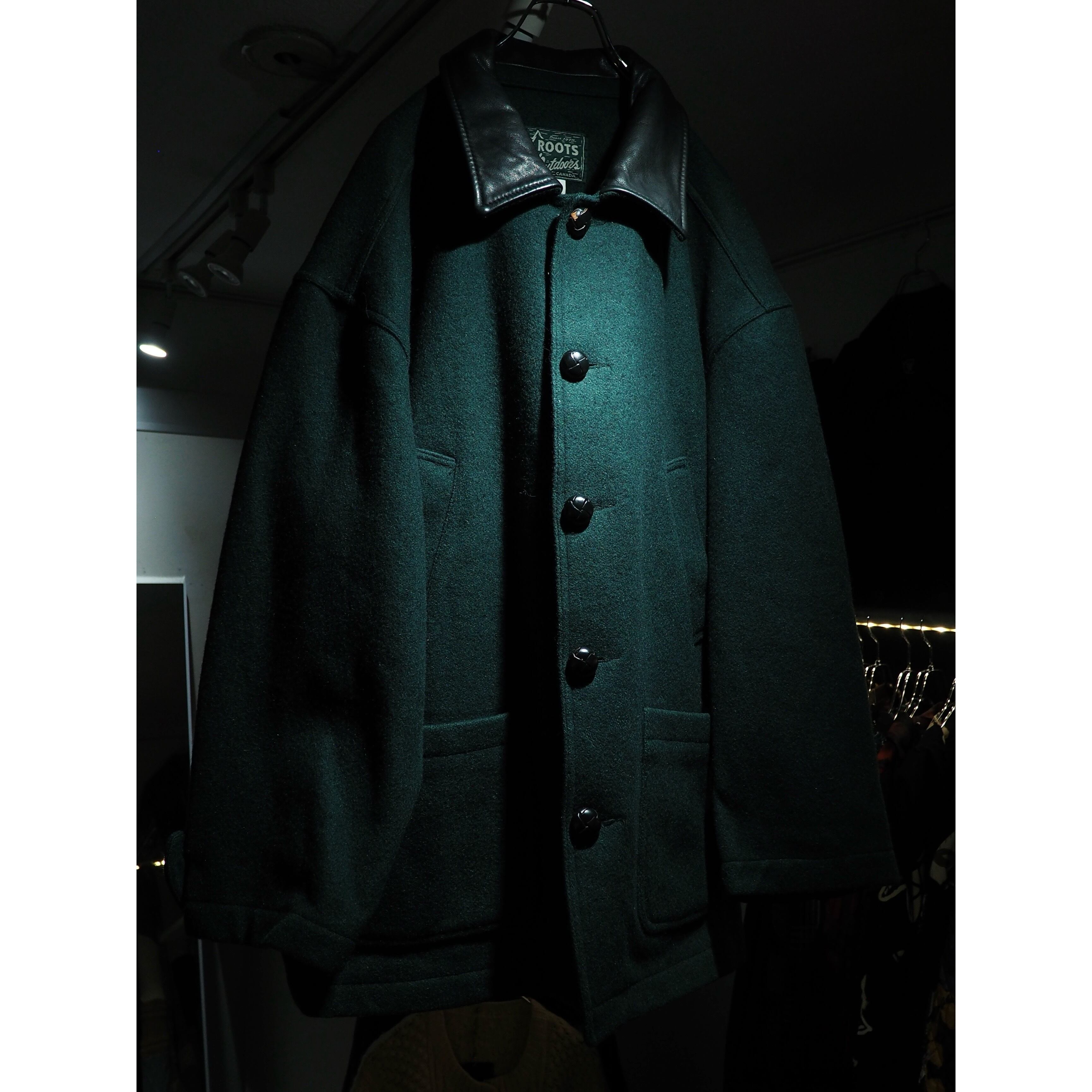 1990s Dark green × Leather Switching vintage loose wool coat (made 