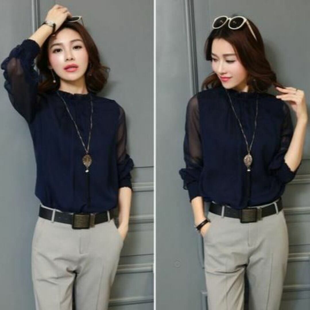 Lネイビー レディース ブラウス シフォン 長袖 シースルー フォーマル シャツ