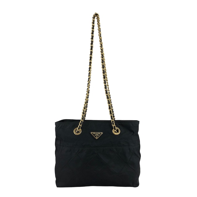 PRADA プラダ ショルダーバッグ ブラック トライアングルロゴ ナイロン チェーン キルティング vintage ヴィンテージ オールド aymjy2