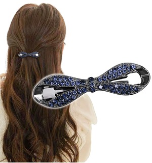 【数量限り】[Herbeluemily] バレッタ しっかり留まる 小さめ ビジュー リボン 髪留め ヘアクリップ おしゃれ 大人 ブラック×ブルー HM-0122-R03-BKBU