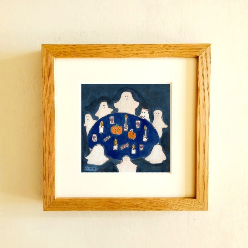 原画「霧けぶる森」※木製額縁入り（18㎝角）イラスト・水彩