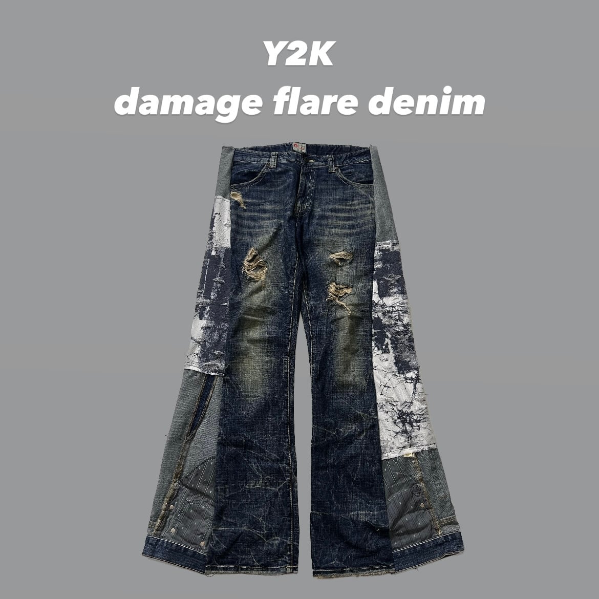 Y2K 再構築 グランジデザイン ワイドフレアデニム リメイク Y2K 再構築 グランジデザイン ワイドフレアデニム リメイク