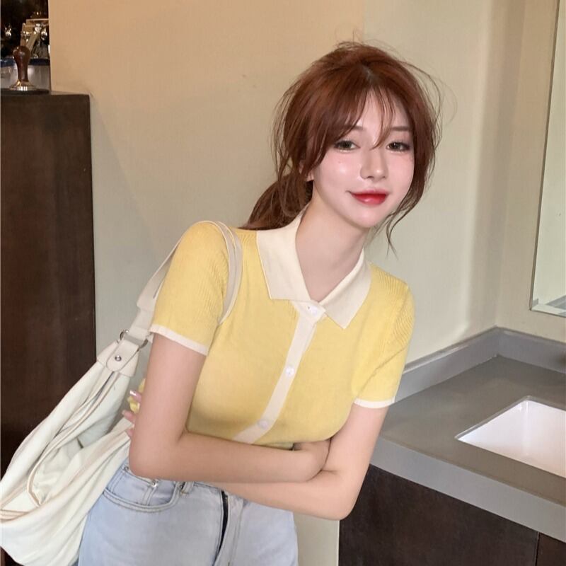 ポロカラーアイスシルク半袖ニットカーディガンレディース2020年新作夏ショートボトムスシャツタイトフィットグレートップ ブラックストロベリース86125299290