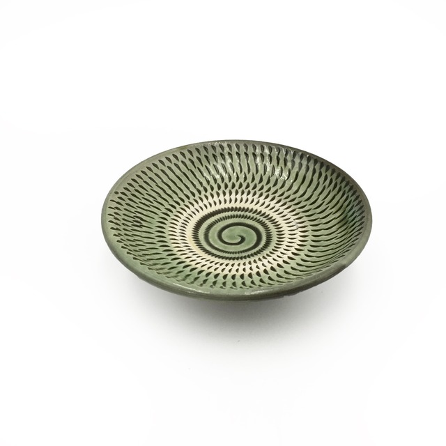 小鹿田焼 3寸皿 飛びかんな 緑 直径約9cm 豆皿 陶器 和食器 民藝