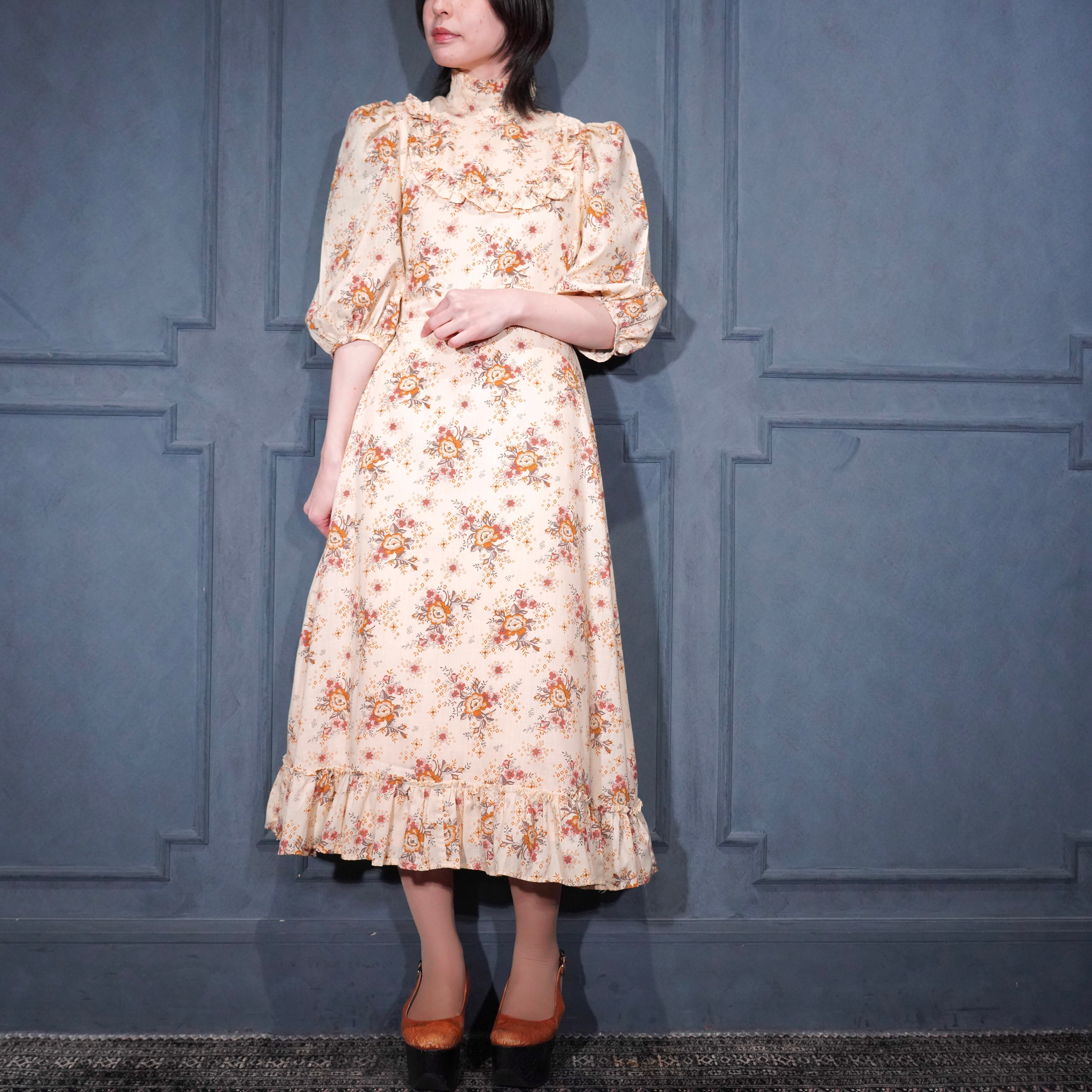 70's USA VINTAGE FLOWER PATTERNED FRILL DESIGN COTTON DRESS ONE