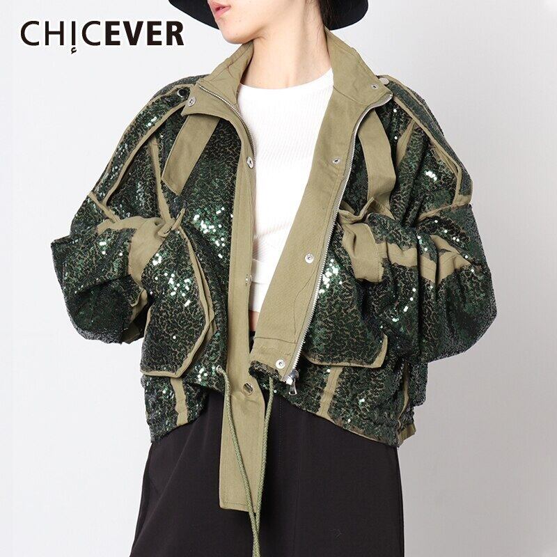 CHICEVERアーミーグリーンジャケットレディースタートルネック長袖パッチワークヒットカラーポケットコート2020服 ロング 6base513311110709
