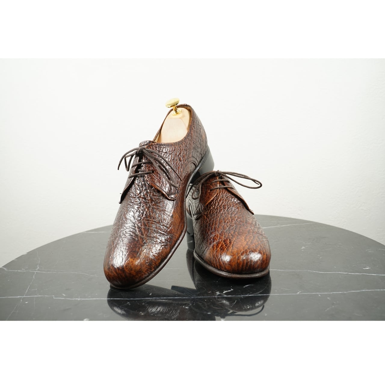 ザメル　海外製 サメ革 プレーントゥ 外羽根シューズ 7（約25.5〜26.0cm相当）ブラウン