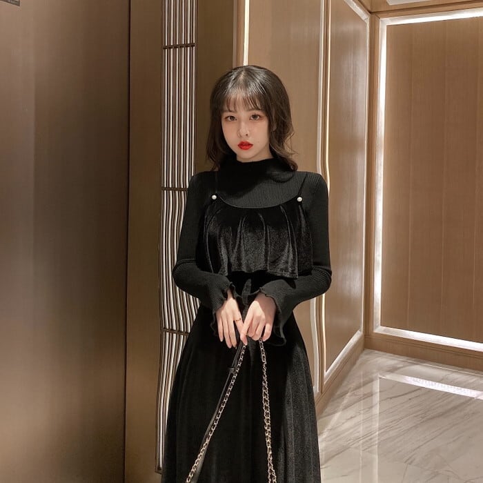 ゴスロリ 黒 ツーピース 長袖 ロング丈 ベルベット 上品 大人可愛い