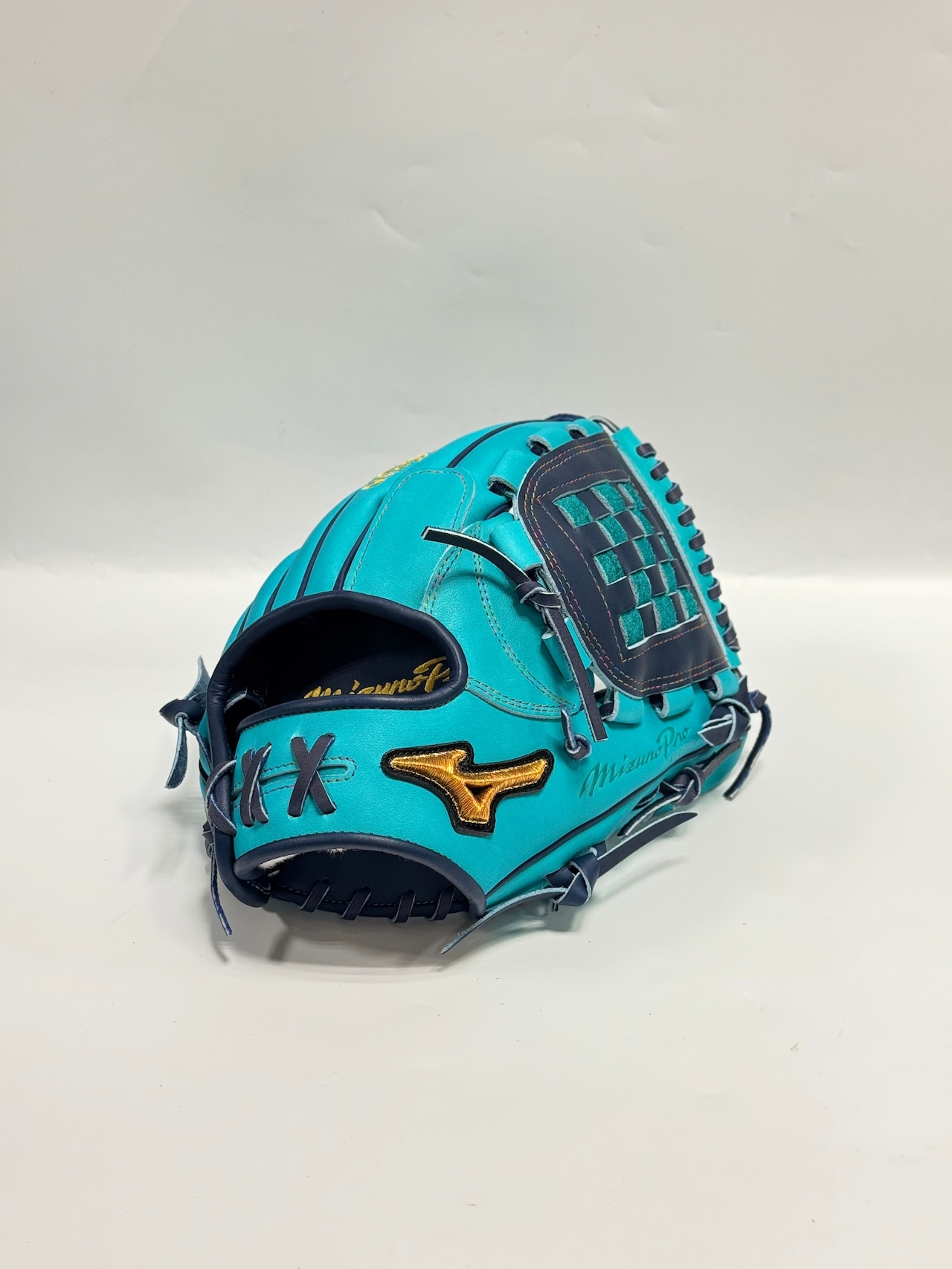 MIZUNO PROーミズノプロ 軟式グローブ ミチイ店舗別注オリジナルグラブ 右投げ用 内野手AXIモデル 5mm大 ヒスイ/Dブルー×Dブルー タータン1ウェブ・画像2